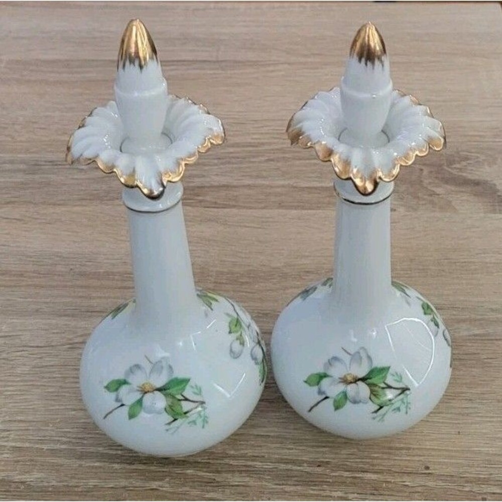 Vintage Japanese Porcelain Perfume Bottles Pair Floral Gold Trim with Stoppers
